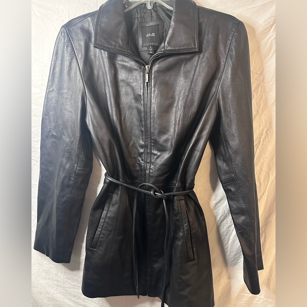 JLC New York Genuine Leather Belted Jacket Coat Black Size Medium - Picture 2 of 10